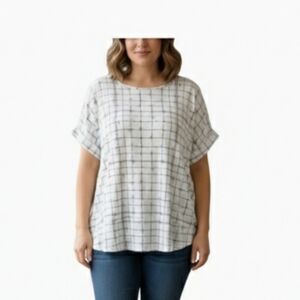 A.U.W. Size 3X Windowpane Check Tunic Top Short Sleeve Cream Black & Off White